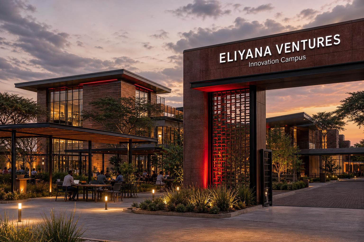 The Eliyana Ventures Innovation Campus at dusk — African-modern building blocks with an all-weather outdoor workspace, envisioned in Zimbabwe